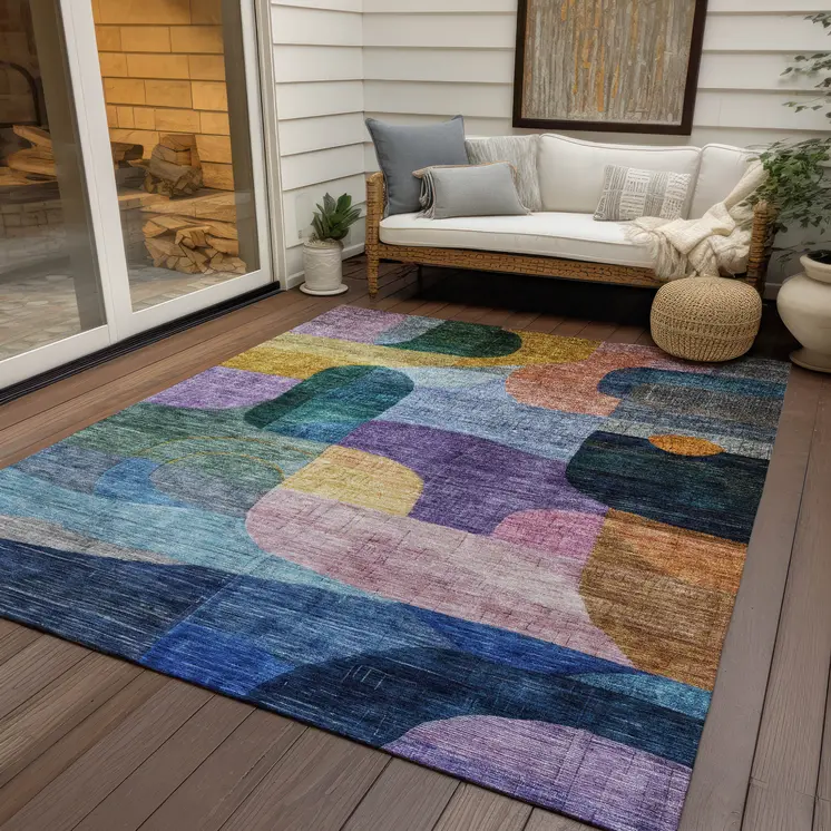 3' X 5' Blue Purple And Green Abstract Washable Indoor Outdoor Area Rug