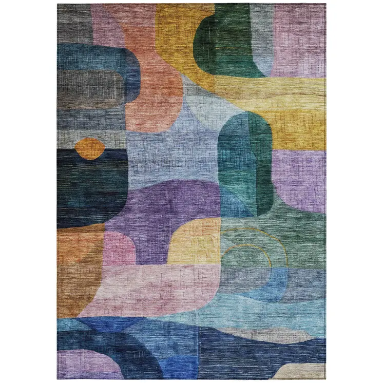 3' X 5' Blue Purple And Green Abstract Washable Indoor Outdoor Area Rug