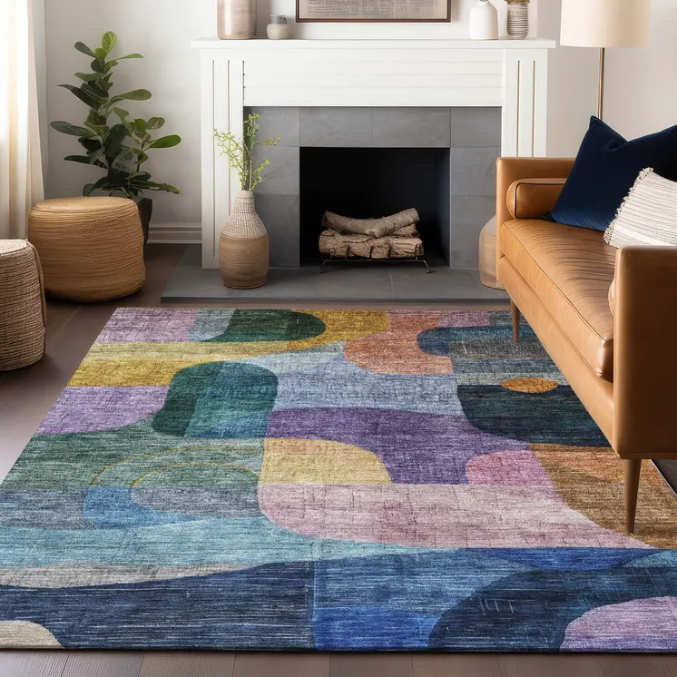 3' X 5' Blue Purple And Green Abstract Washable Indoor Outdoor Area Rug