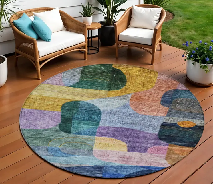 8' Blue Purple And Green Round Abstract Washable Indoor Outdoor Area Rug