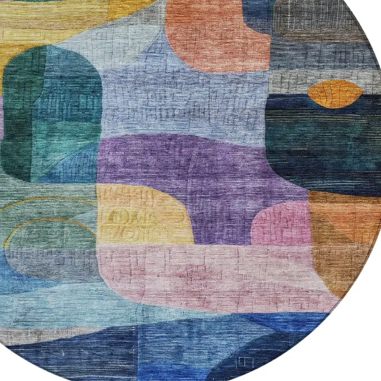 8' Blue Purple And Green Round Abstract Washable Indoor Outdoor Area Rug