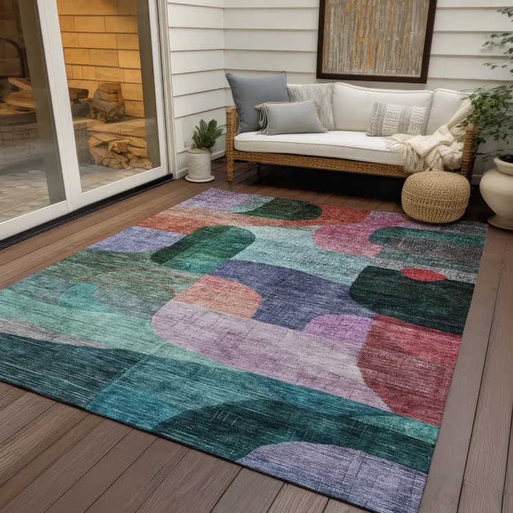 5' X 8' Green Purple And Blue Abstract Washable Indoor Outdoor Area Rug