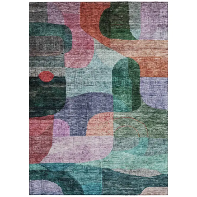 5' X 8' Green Purple And Blue Abstract Washable Indoor Outdoor Area Rug