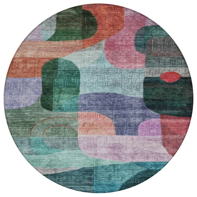 8' Green Purple And Blue Round Abstract Washable Indoor Outdoor Area Rug