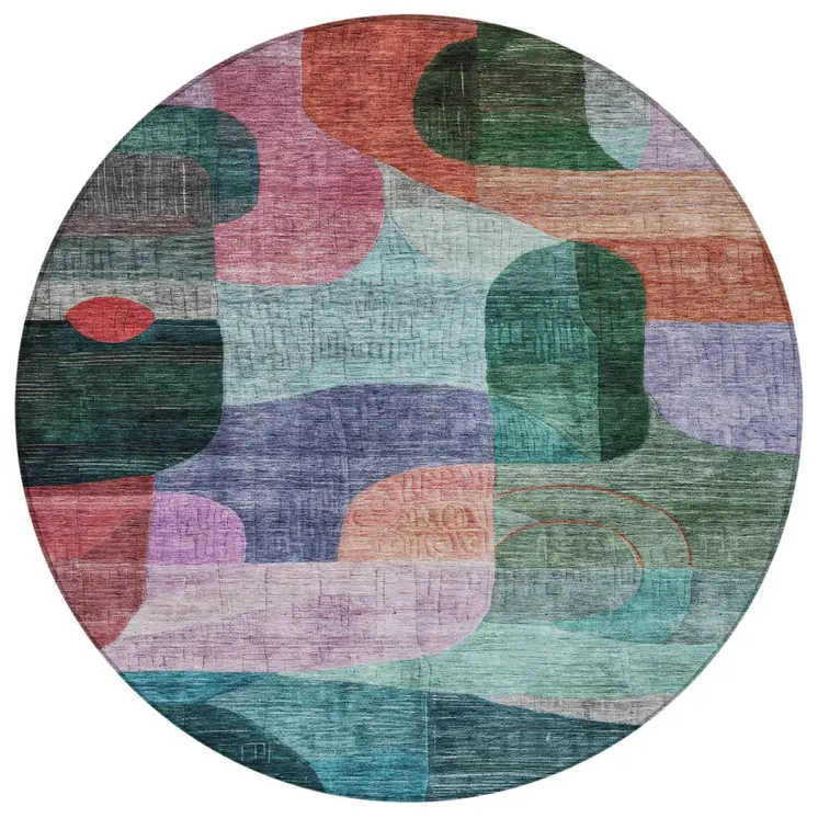 8' Green Purple And Blue Round Abstract Washable Indoor Outdoor Area Rug