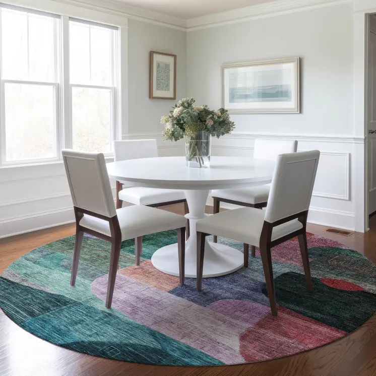 8' Green Purple And Blue Round Abstract Washable Indoor Outdoor Area Rug
