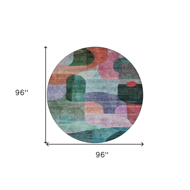 8' Green Purple And Blue Round Abstract Washable Indoor Outdoor Area Rug
