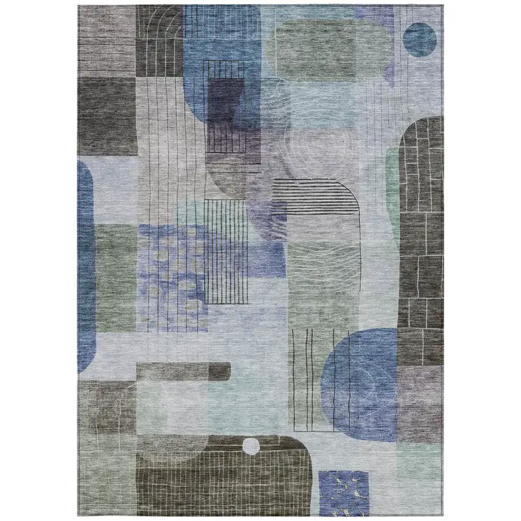 3' X 5' Blue Gray And Charcoal Abstract Washable Indoor Outdoor Area Rug