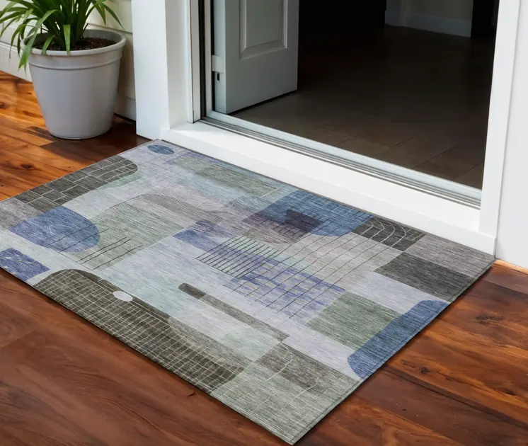 3' X 5' Blue Gray And Charcoal Abstract Washable Indoor Outdoor Area Rug