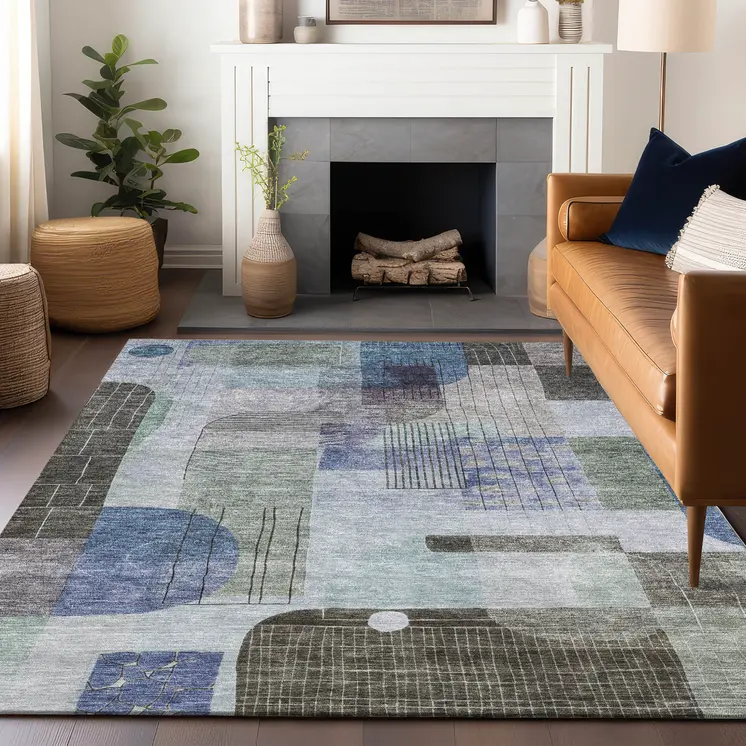 3' X 5' Blue Gray And Charcoal Abstract Washable Indoor Outdoor Area Rug