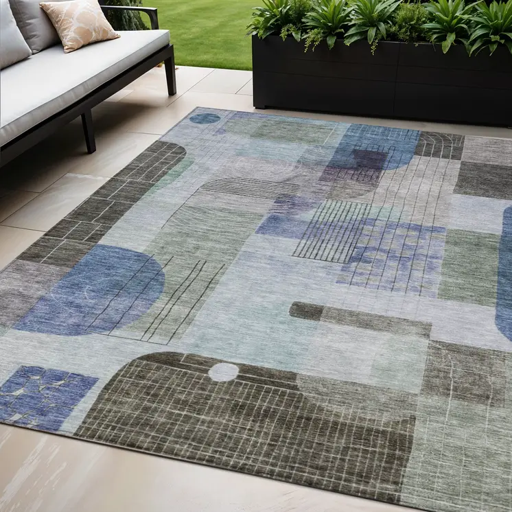 5' X 8' Blue Gray And Charcoal Abstract Washable Indoor Outdoor Area Rug