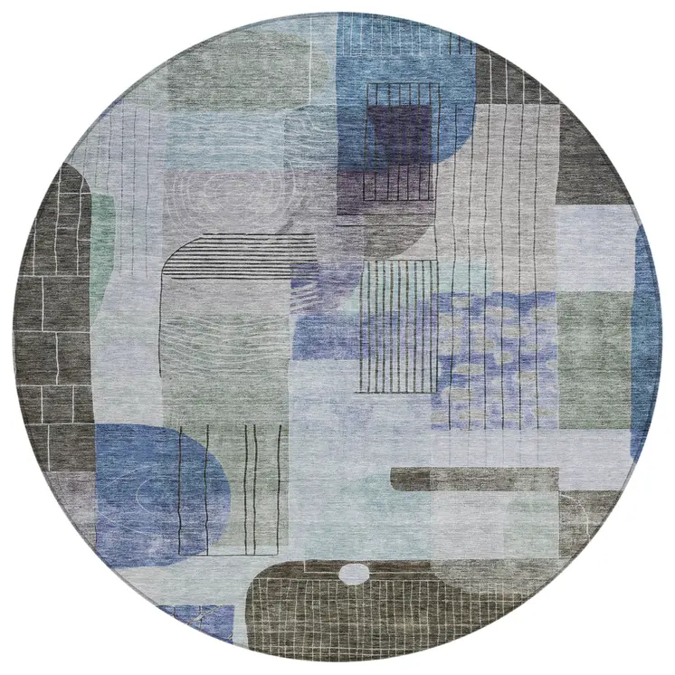 8' Blue Gray And Charcoal Round Abstract Washable Indoor Outdoor Area Rug