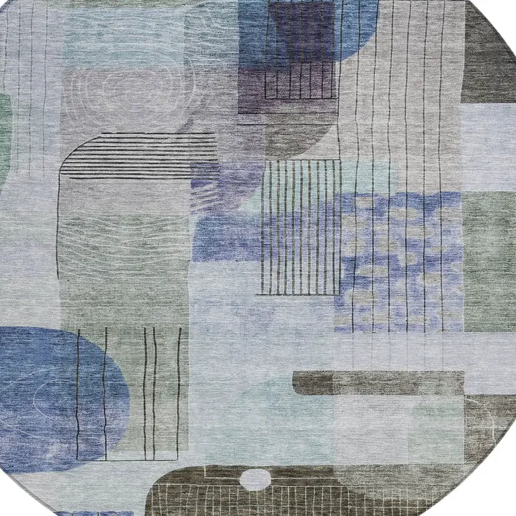 8' Blue Gray And Charcoal Round Abstract Washable Indoor Outdoor Area Rug