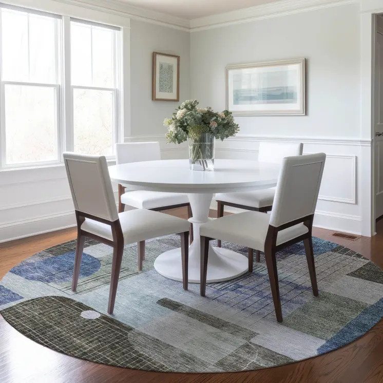 8' Blue Gray And Charcoal Round Abstract Washable Indoor Outdoor Area Rug