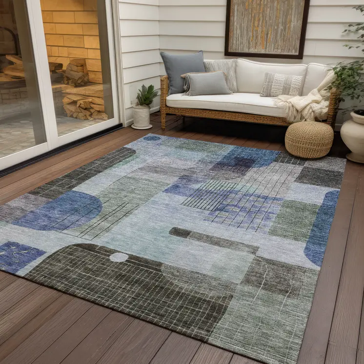 9' X 12' Blue Gray And Charcoal Abstract Washable Indoor Outdoor Area Rug