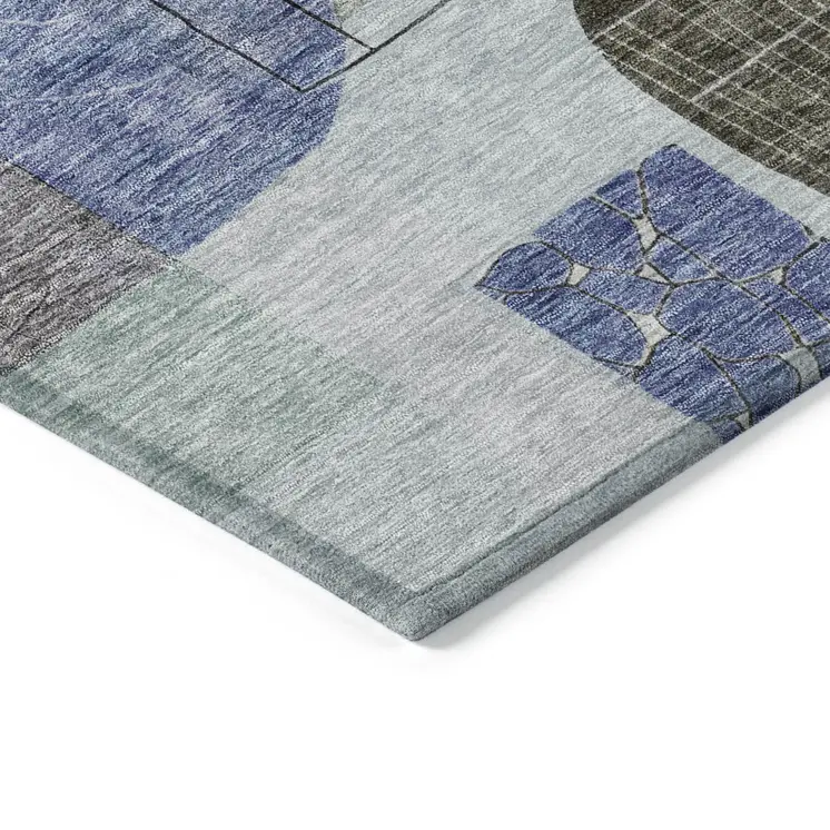 9' X 12' Blue Gray And Charcoal Abstract Washable Indoor Outdoor Area Rug