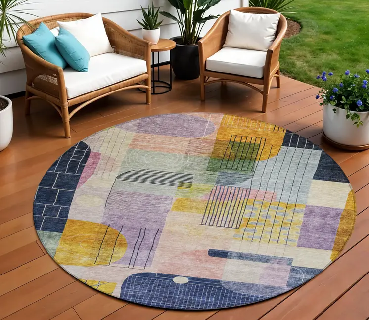 8' Plum Purple And Copper Round Abstract Washable Indoor Outdoor Area Rug