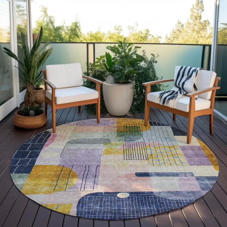8' Plum Purple And Copper Round Abstract Washable Indoor Outdoor Area Rug