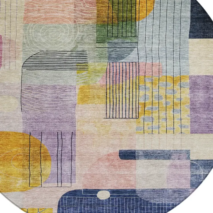 8' Plum Purple And Copper Round Abstract Washable Indoor Outdoor Area Rug