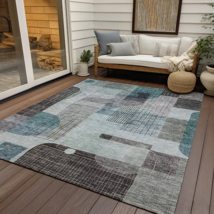 3' X 5' Teal Blue Gray And Charcoal Abstract Washable Indoor Outdoor Area Rug