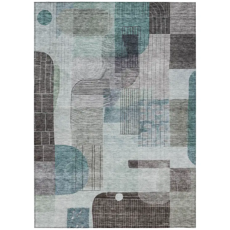 3' X 5' Teal Blue Gray And Charcoal Abstract Washable Indoor Outdoor Area Rug