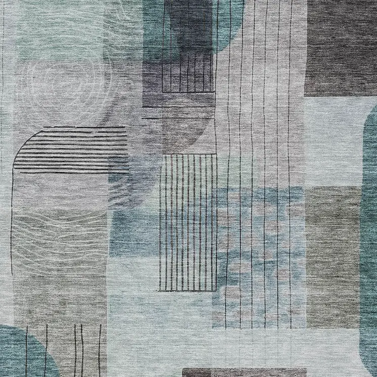 3' X 5' Teal Blue Gray And Charcoal Abstract Washable Indoor Outdoor Area Rug