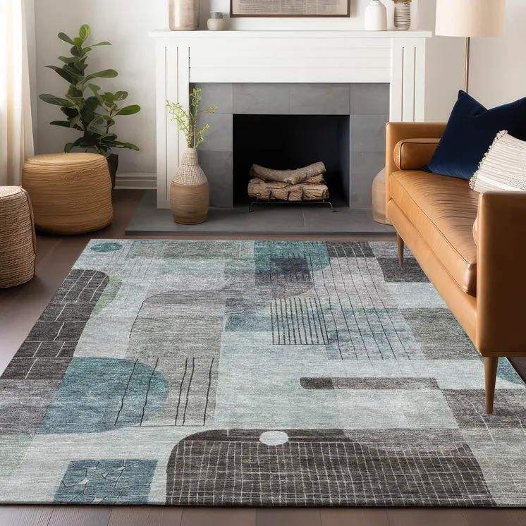 3' X 5' Teal Blue Gray And Charcoal Abstract Washable Indoor Outdoor Area Rug