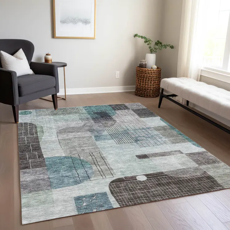 3' X 5' Teal Blue Gray And Charcoal Abstract Washable Indoor Outdoor Area Rug