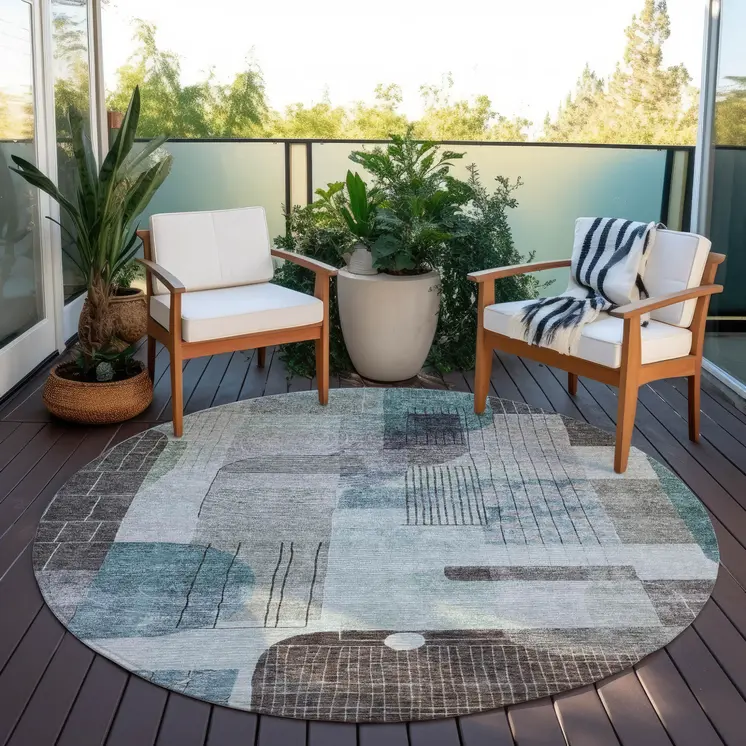 8' Teal Blue Gray And Charcoal Round Abstract Washable Indoor Outdoor Area Rug