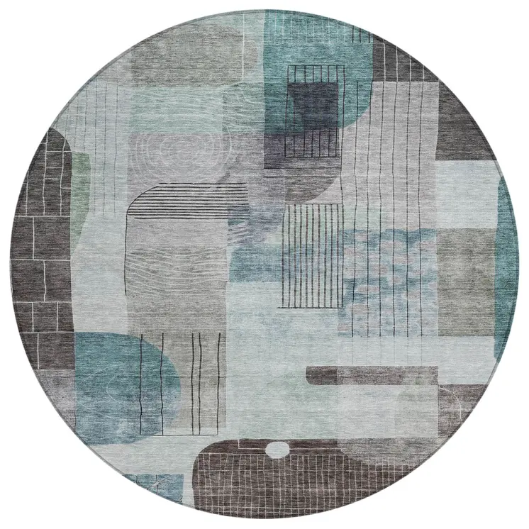 8' Teal Blue Gray And Charcoal Round Abstract Washable Indoor Outdoor Area Rug