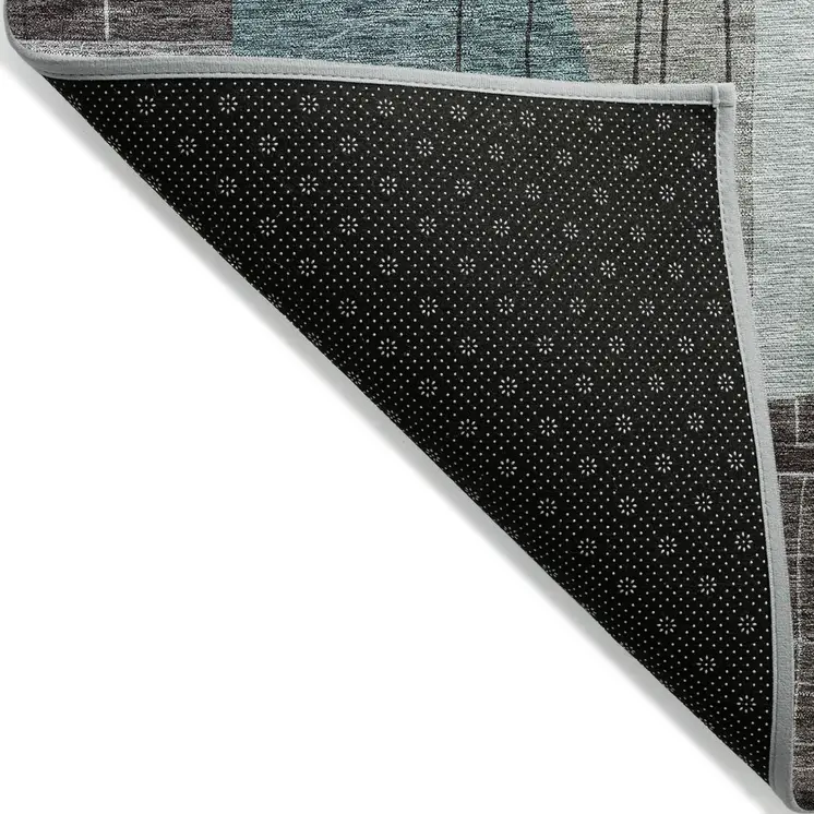 8' Teal Blue Gray And Charcoal Round Abstract Washable Indoor Outdoor Area Rug