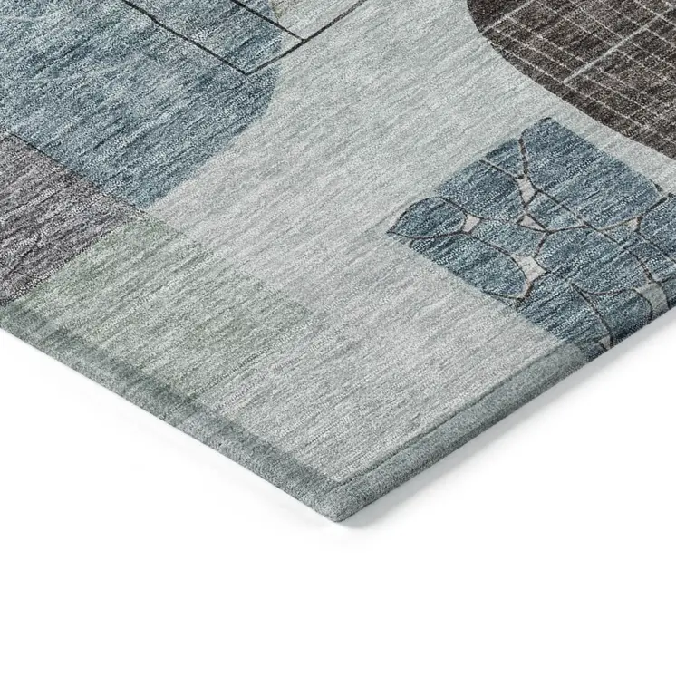 8' Teal Blue Gray And Charcoal Round Abstract Washable Indoor Outdoor Area Rug