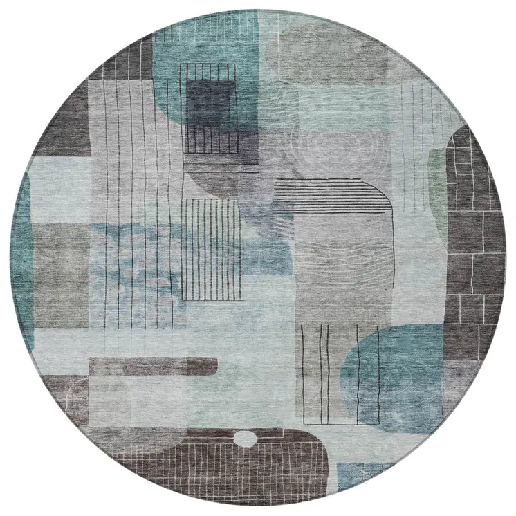 8' Teal Blue Gray And Charcoal Round Abstract Washable Indoor Outdoor Area Rug