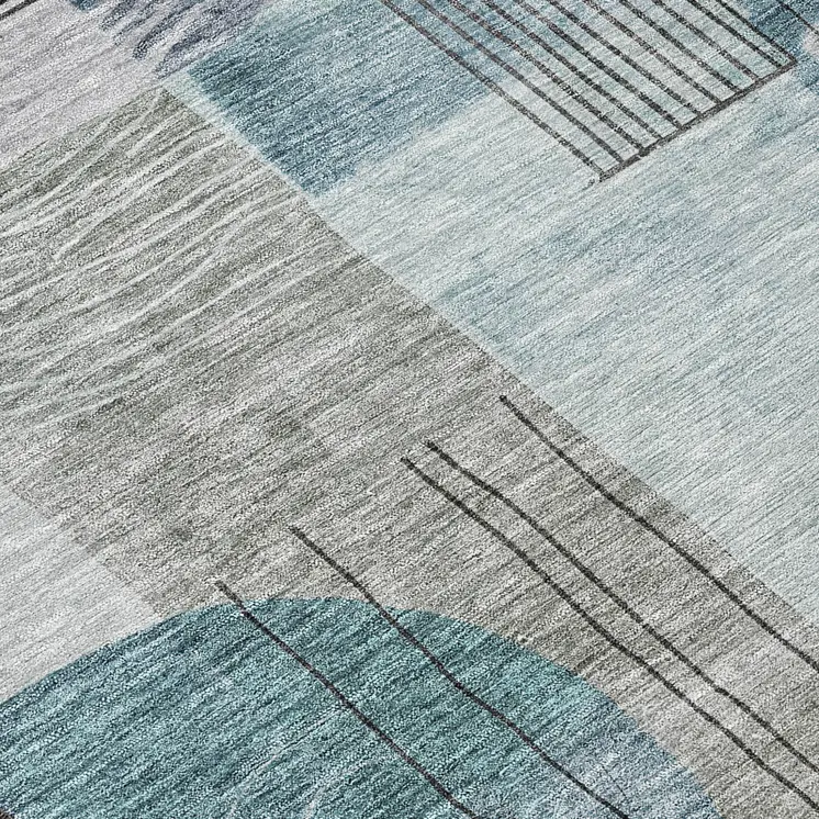 8' Teal Blue Gray And Charcoal Round Abstract Washable Indoor Outdoor Area Rug