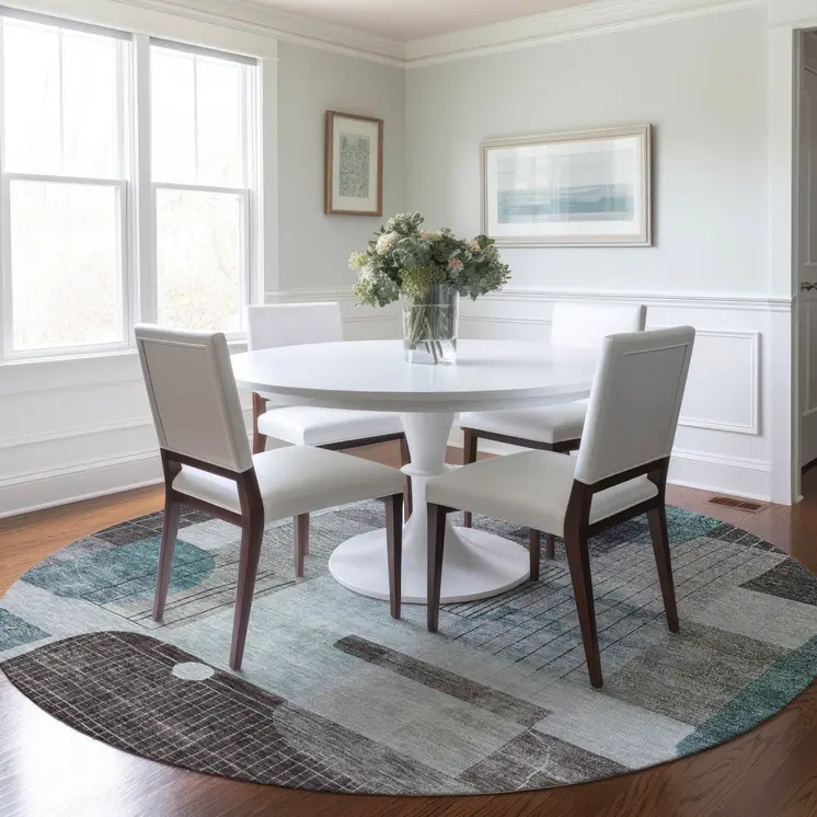 8' Teal Blue Gray And Charcoal Round Abstract Washable Indoor Outdoor Area Rug