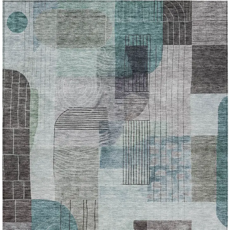 9' X 12' Teal Blue Gray And Charcoal Abstract Washable Indoor Outdoor Area Rug