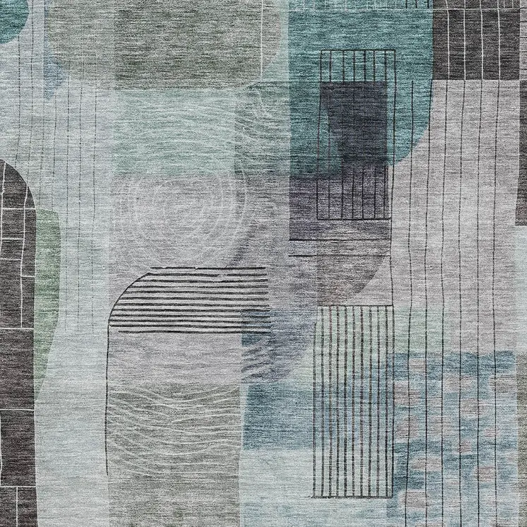 9' X 12' Teal Blue Gray And Charcoal Abstract Washable Indoor Outdoor Area Rug