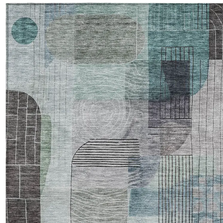 10' X 14' Teal Blue Gray And Charcoal Abstract Washable Indoor Outdoor Area Rug