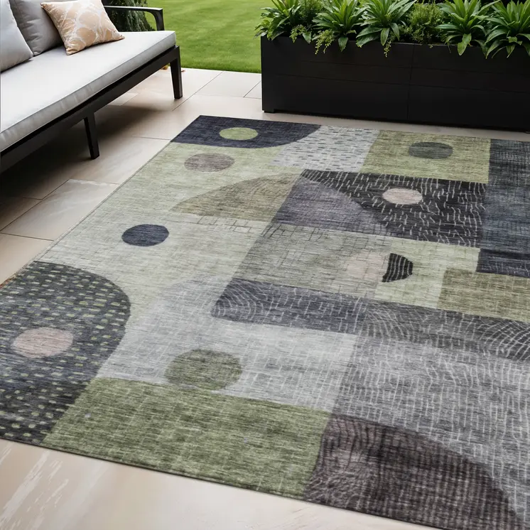 5' X 8' Artichoke Green Gray And Charcoal Geometric Washable Indoor Outdoor Area Rug