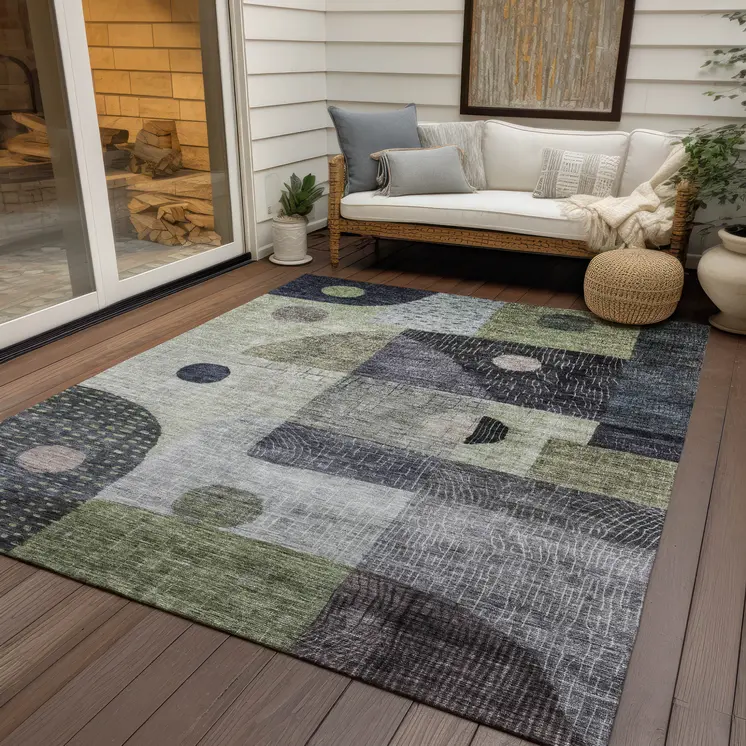 5' X 8' Artichoke Green Gray And Charcoal Geometric Washable Indoor Outdoor Area Rug