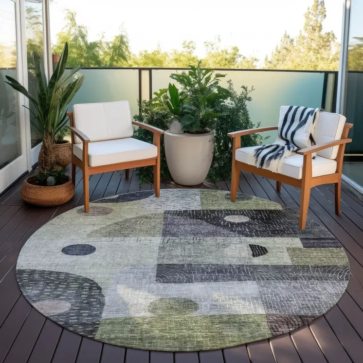 8' Artichoke Green Gray And Charcoal Round Geometric Washable Indoor Outdoor Area Rug