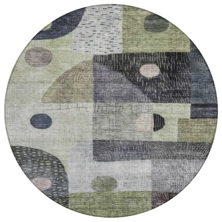 8' Artichoke Green Gray And Charcoal Round Geometric Washable Indoor Outdoor Area Rug