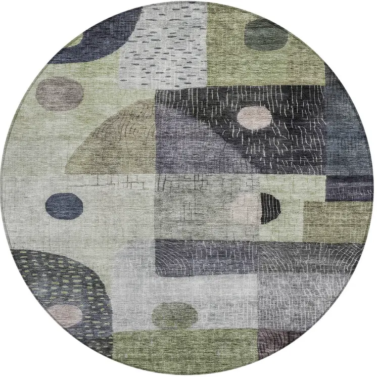 8' Artichoke Green Gray And Charcoal Round Geometric Washable Indoor Outdoor Area Rug