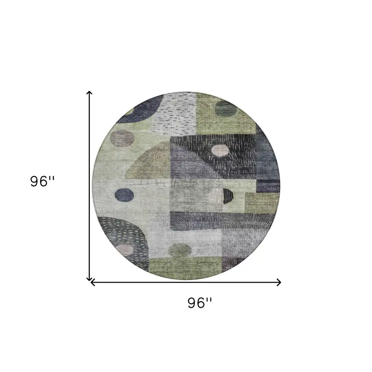 8' Artichoke Green Gray And Charcoal Round Geometric Washable Indoor Outdoor Area Rug