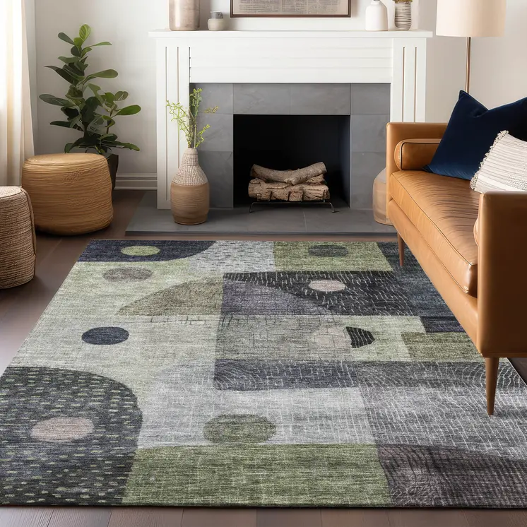 9' X 12' Artichoke Green Gray And Charcoal Geometric Washable Indoor Outdoor Area Rug
