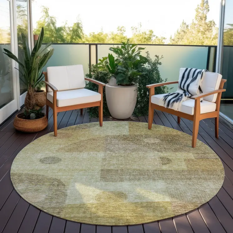 8' Beige Brown And Light Green Round Geometric Washable Indoor Outdoor Area Rug