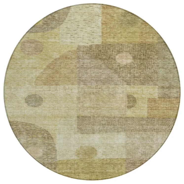 8' Beige Brown And Light Green Round Geometric Washable Indoor Outdoor Area Rug