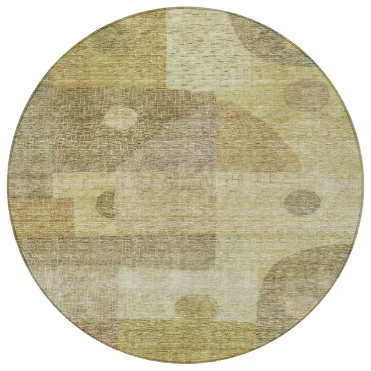 8' Beige Brown And Light Green Round Geometric Washable Indoor Outdoor Area Rug