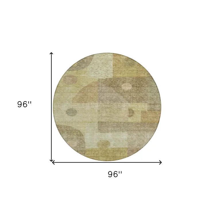 8' Beige Brown And Light Green Round Geometric Washable Indoor Outdoor Area Rug
