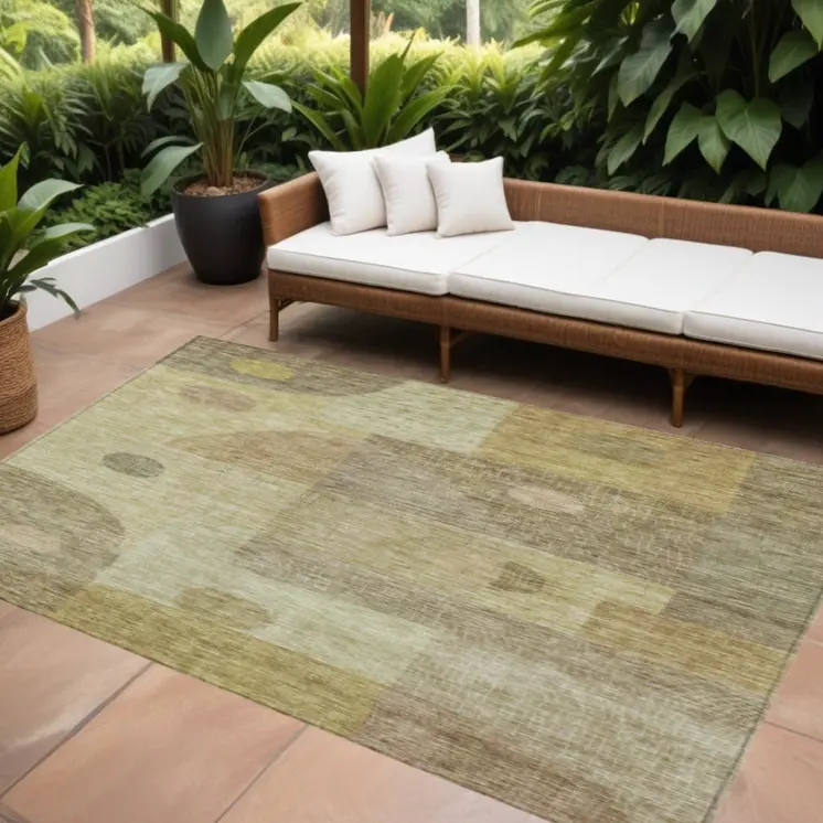 9' X 12' Beige Brown And Light Green Geometric Washable Indoor Outdoor Area Rug